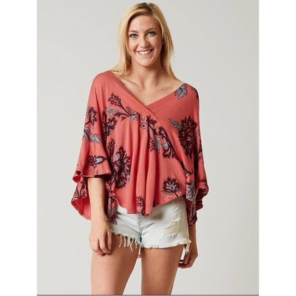 Free People We The Free Coral Floral Paisley V-Neck Dolman Tie Sleeve Top Small